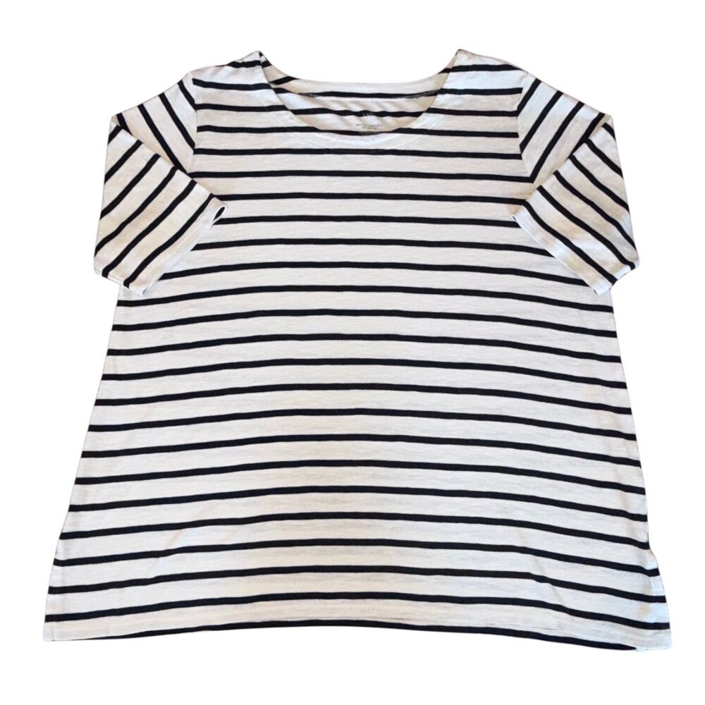 J Jill Pima Slub Scoop Neck Side Slit Tee White Navy Womens Sz Large 100% Cotton - Picture 3 of 6